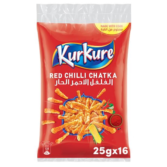 Picture of Kurkure Chilli Chatka Flavour Crispy Spicy Puffed Corn Snacks 16 x 25 g