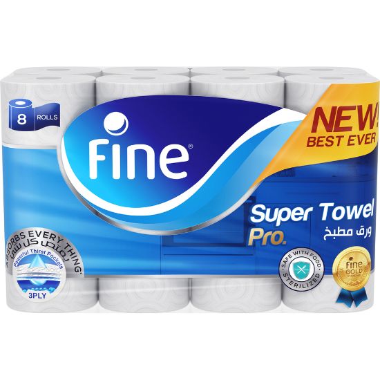 Picture of Fine Super Towel Pro New & Improved Sterilized & Half Perforated Kitchen Paper Towel 3ply 8 Rolls