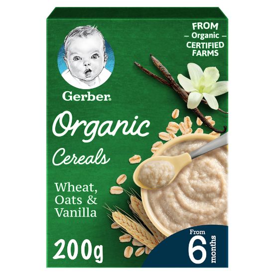 Picture of Gerber Organic Cereals Baby Food Wheat Oats & Vanilla From 6 Months 200g