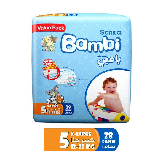 Picture of Sanita Bambi Baby Diaper Value Pack Size 5 Extra Large 12-22kg 28pcs