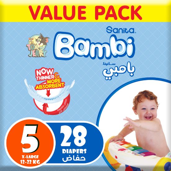 Picture of Sanita Bambi Baby Diaper Value Pack Size 5 Extra Large 12-22kg 28pcs