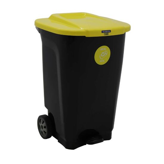 Picture of Tramontina Recycle T-Force Pedal Bin With Wheels 100Ltr Black Yellow