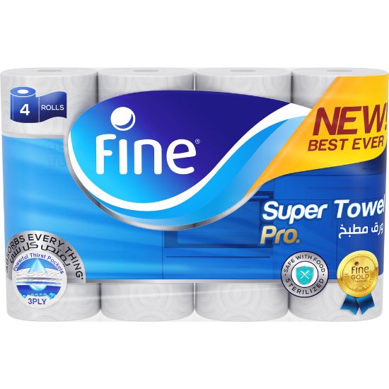 Picture of Fine Super Towel Pro New & Improved Sterilized & Half Perforated Kitchen Paper Towel 3ply 4 Rolls