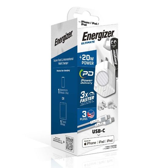 Picture of Energizer Ultimate Wall Charger PD 20W Multi plug With USB-C/Lightning Cable (1M) (A20MUL)