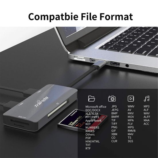 Picture of Trands USB-C Adapter with Dual USB 3.0 Ports SD TF CF Card Reader TR-CR3539