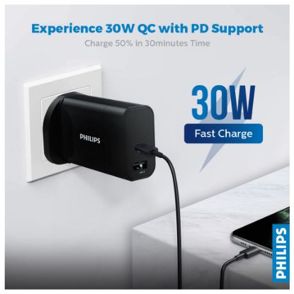 Picture of Philips 30W PD+QC Wall Charger, Black -DLP2621/05