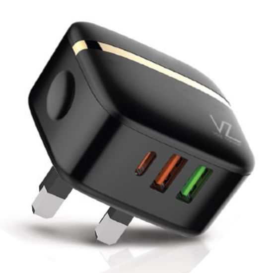 Picture of Voz 32W Three port Wall Charger With PD+QC 3.0 Port Type C Cable, Black, VZWPD02T