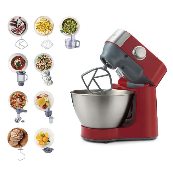 Picture of Kenwood Stand Mixer Kitchen Machine PROSPERO 900W with 4.3L Stainless Steel Bowl, K-Beater, Whisk, Dough Hook, Glass Blender, Meat Grinder, Food Processor, Juicer, Citrus Juicer KM241002 Red