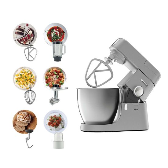 Picture of Kenwood Metal Body Stand Mixer Kitchen Machine CHEF XL 1200W with 6.7L Stainless Steel Bowl, K-Beater, Whisk, Dough Hook, Glass Blender, Meat Grinder, Grinder Mill KVL4230S Silver