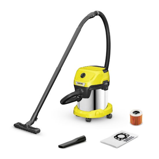 Picture of Karcher Wet And Dry Vacuum Cleaner, 17 Ltr, 1000 W, 4 m Cable, 2 m Suction Hose And Compact Storage, Yellow Head And Bumber, WD 3 S V