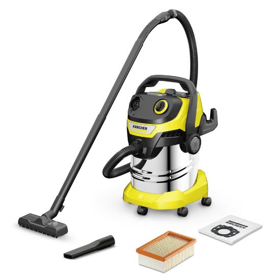 Picture of Karcher Wet And Dry Vacuum Cleaner, 25 Ltr, 1100 W, Flat Pleated Filter With Patented Filter Removal Technology, Yellow Head And Bumber, WD 5 S V