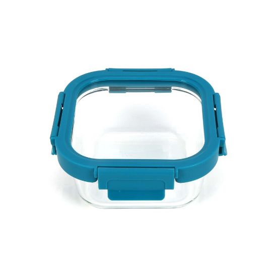 Picture of Chefline Square Food Storage Glass Container With Lid, Blue (Teal Blue), 520 ml