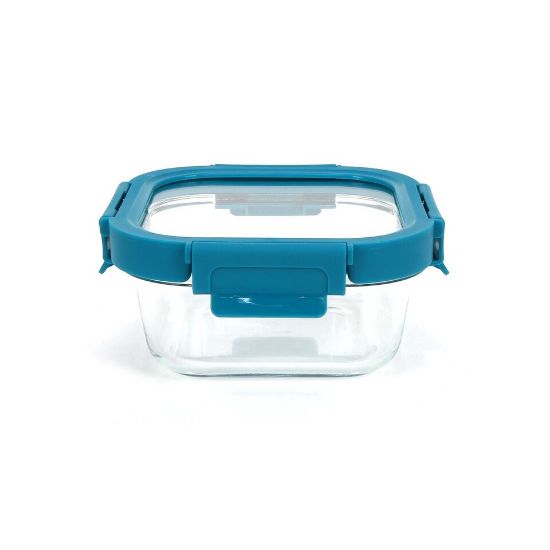 Picture of Chefline Square Food Storage Glass Container With Lid, Blue (Teal Blue), 520 ml