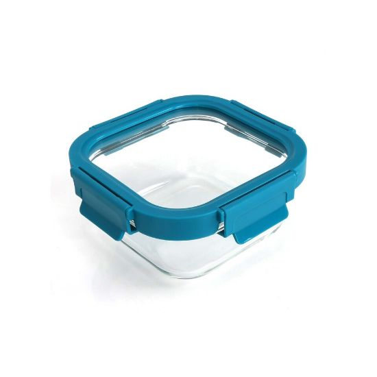 Picture of Chefline Square Food Storage Glass Container With Lid, Blue (Teal Blue), 520 ml